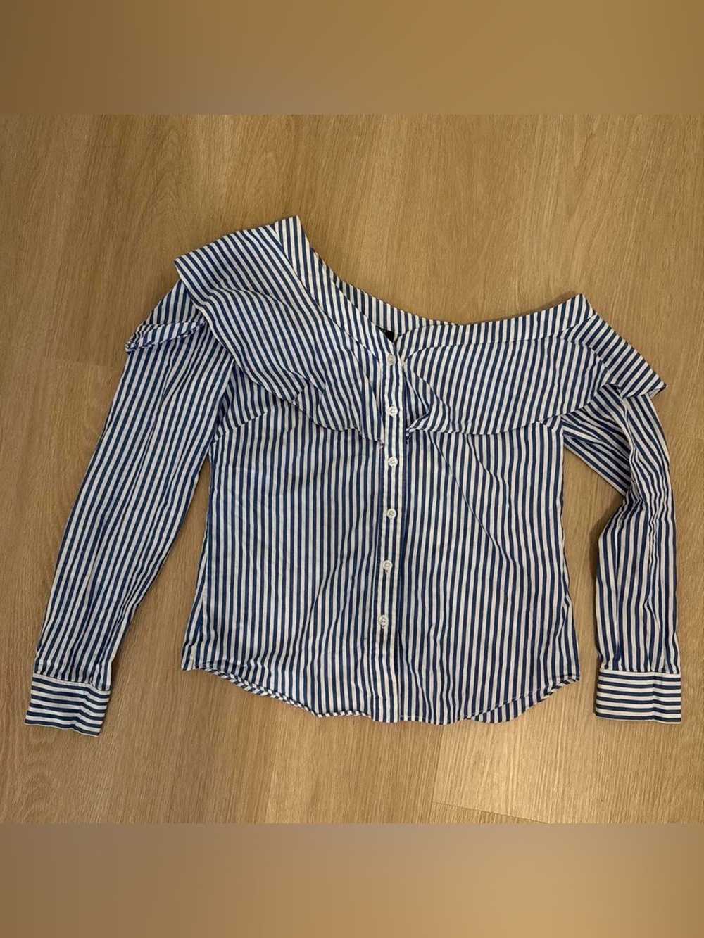 Bardot Blue & White Striped Off-Shoulder Button-Down Top
